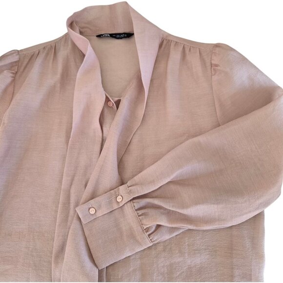 Zara Pink Long-Sleeve Button-Up Shirt With Bow Tie Collar Womens Size L - Picture 5 of 6
